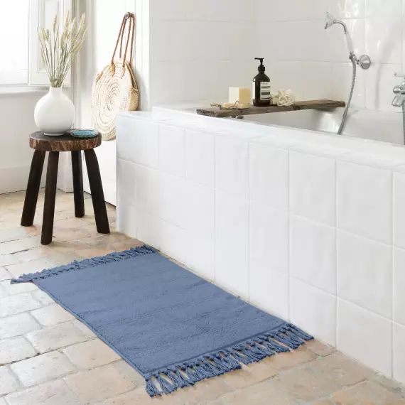 Tapis de bain bouclette de coton bleu
