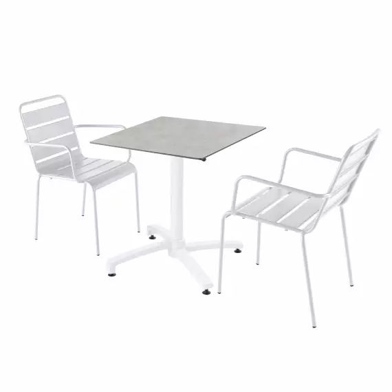 Ensemble table jardin stratifié béton avec 2 fauteuils blanc