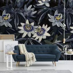 Papier peint panoramique fleurs de la passion bleu 280x200cm