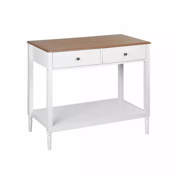 Console avec 2 tiroirs, placage bois de frêne, bois et blanc