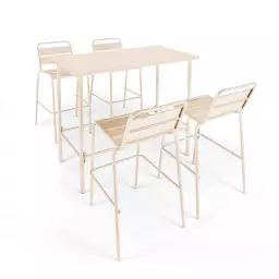 Ensemble table haute et 4 chaises de bar en métal ivoire