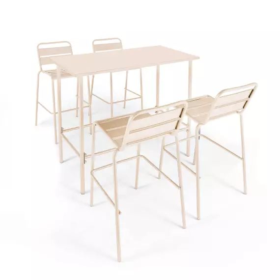Ensemble table haute et 4 chaises de bar en métal ivoire