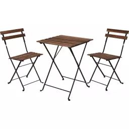 Set table + 2 chaises de jardin pliable en métal noir et bois