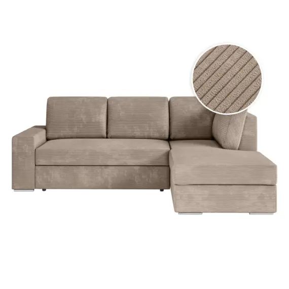 Canapé d’angle droit convertible 3 places en velours côtelé – Taupe