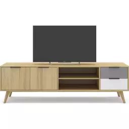 Meuble TV 2 portes 2 tiroirs en pin massif bicolore/effet chêne 180 cm