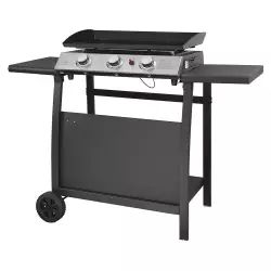 Plancha au gaz 3 brûleurs en acier noire sur chariot
