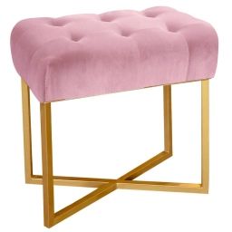 Tabouret pouf rectangle  velours rose pied or