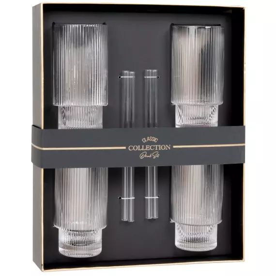 Coffret verre à cocktails en verre strié (x4) avec pailles