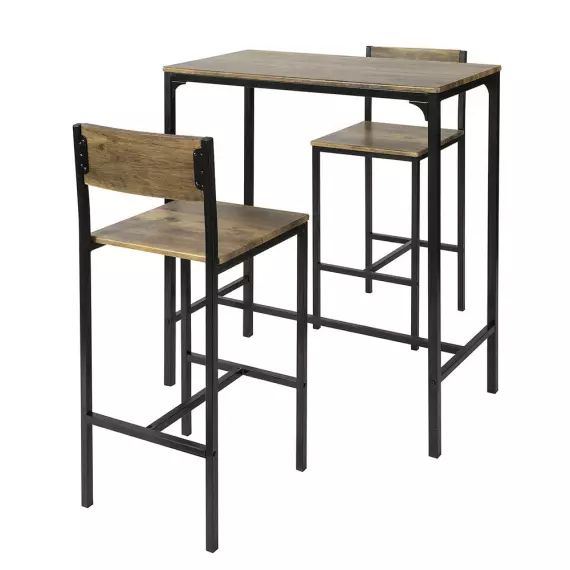 Ensemble de table et 2 chaises de bar effet bois et métal noir