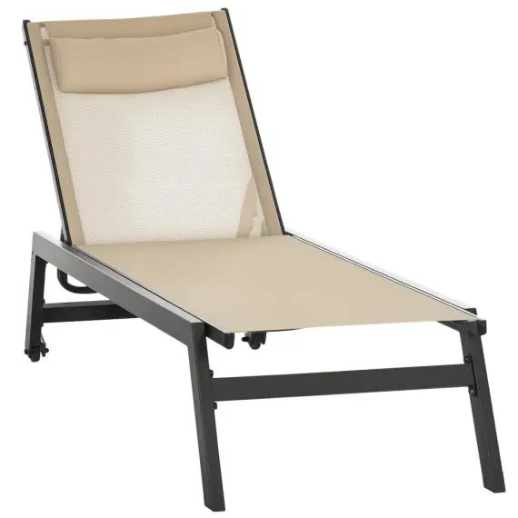 Bain de soleil inclinable – tétière, 2 roulettes – alu. textilène kaki