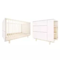Chambre bébé : Duo – Lit évolutif 70×140 commode 3 tiroirs blanc