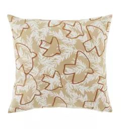 Coussin en coton motifs feuilles beiges et oiseaux terracotta 45×45