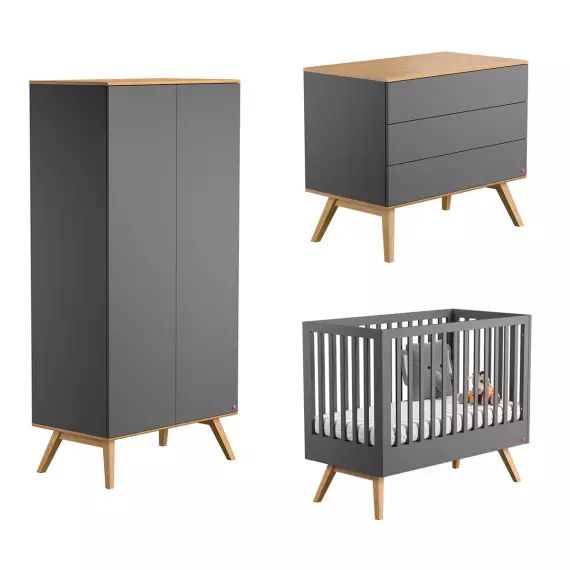 Chambre bébé : Trio – lit bébé 60×120 commode armoire gris