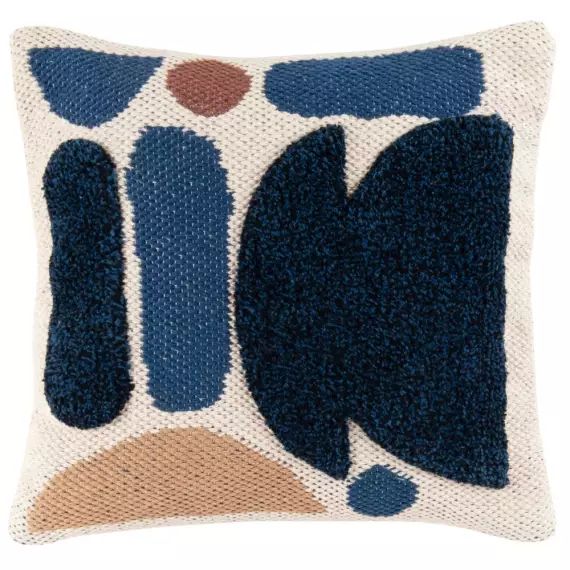 Housse de coussin tuftée écrue, bleue, beige et caramel 40×40