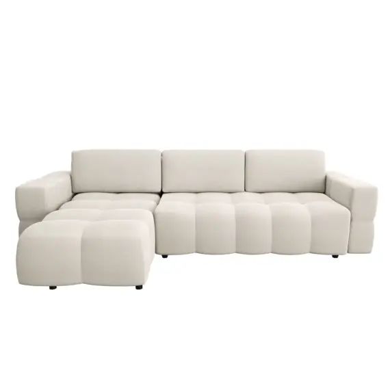 Canapé d&rsquo;angle gauche convertible coffre tissu tramé crème 260cm