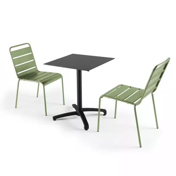 Ensemble table de jardin stratifié noir et 2 chaises vert cactus