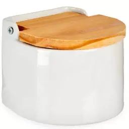Pot à sel en céramique blanc et couvercle bambou 11x11x9cm