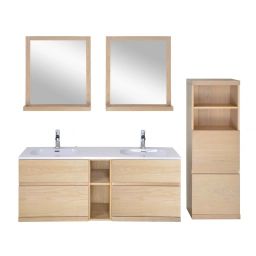 Meuble salle de bain avec colonne, vasque, miroirs effet bois clair