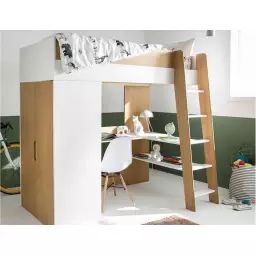 Lit mezzanine avec armoire et bureau OPUS – Blanc/Bois multicolore