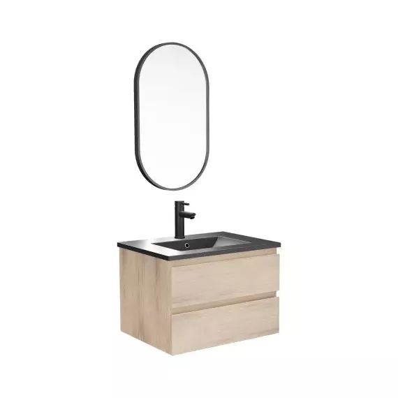 Meuble simple vasque 60cm  Décor chêne+vasque noire+rob+miroir ovale