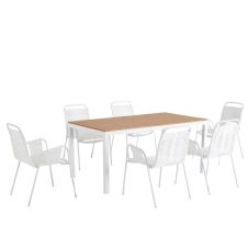 Table de jardin et 6 fauteuils en aluminium cordes blanches
