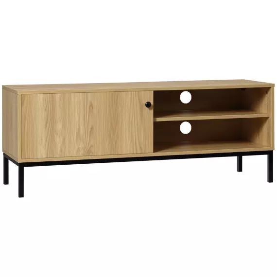 Meuble TV banc TV design industriel – porte coulissante, 2 niches