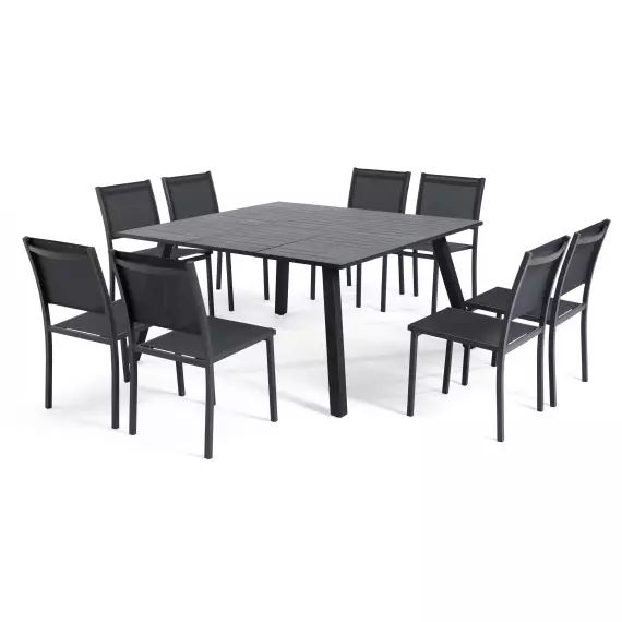 Ensemble de jardin 8 places avec table carrée extensible gris