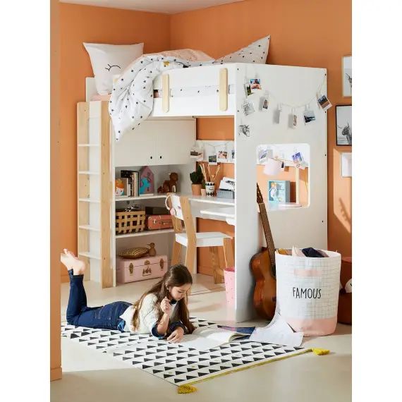 Lit mezzanine avec bureau et rangement LIGNE EVEREST blanc/bois