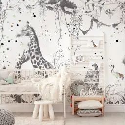 Papier peint enfant panoramique enfant scène girafes – 250×425