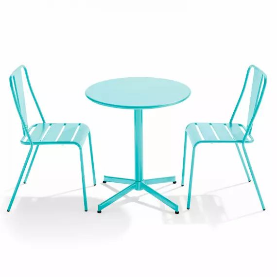 Ensemble table ronde et 2 chaises de jardin bistrot en métal turquoise