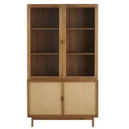Vaisselier 4 portes en verre trempé et rotin tressé
