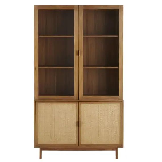 Vaisselier 4 portes en verre trempé et rotin tressé