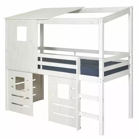 Lit cabane mi-hauteur avec matelas Alma – AKITEN RETAIL – Blanc 90×200 cm – A lattes – 1 place – Matelas inclus blanc
