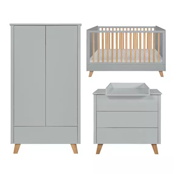 Chambre bébé : Trio – lit évolutif 70×140 commode armoire gris