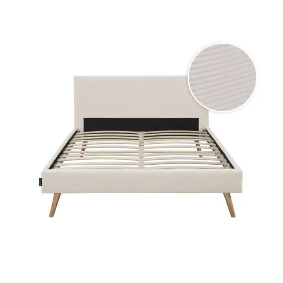 Cadre de lit scandinave velours côtelé et pieds bois, Beige, 140x190cm