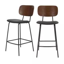 Jens – Lot de 2 chaises de bar en bois foncé, simili et métal H66cm – Couleur – Noir