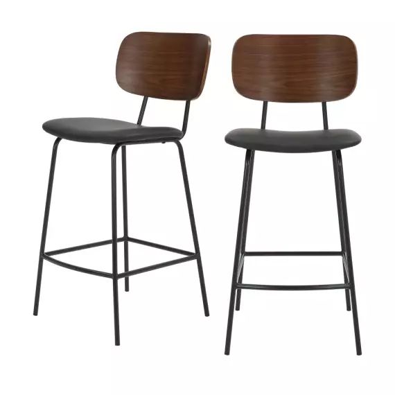 Jens – Lot de 2 chaises de bar en bois foncé, simili et métal H66cm – Couleur – Noir