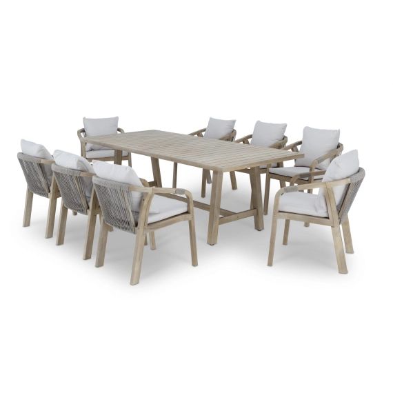 Ensemble table de jardin 230×100 cm et 8 chaises bois et corde