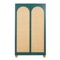 Armoire 2 portes vert foncé et rotin tressé