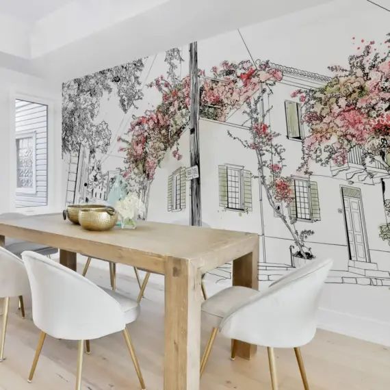 Papier peint panoramique village en fleurs 300 x 250 cm rose