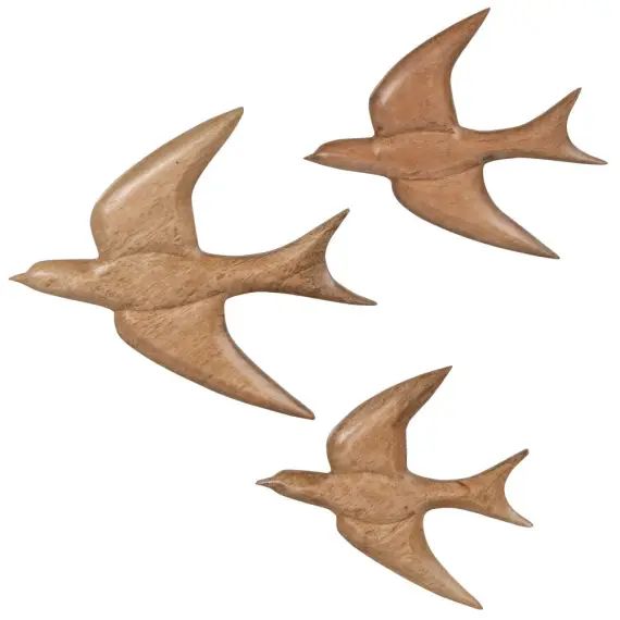Déco murales hirondelles en bois de manguier sculpté marron (x3) 21×19