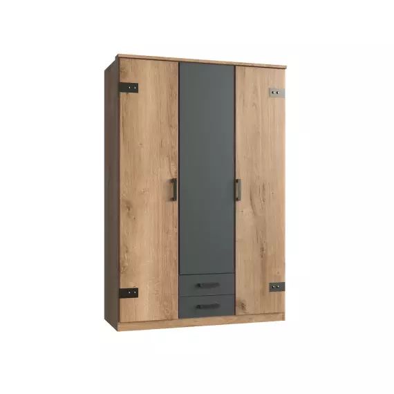 Armoire 3 portes décor chêne et 2 tiroirs – L135 cm