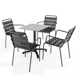 Ensemble table de jardin statifié béton gris clair et 4 fauteuils gris