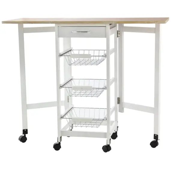Desserte de cuisine 3 paniers métal tiroir rallonges blanc chêne clair