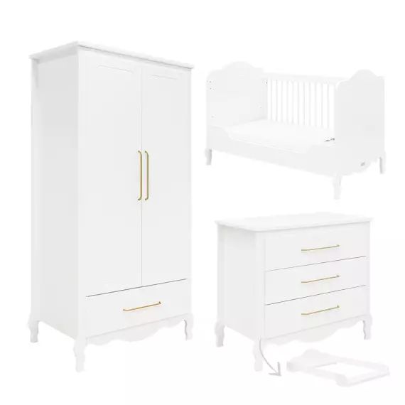 Chambre bébé : Trio – lit évolutif 70×140 commode armoire blanc