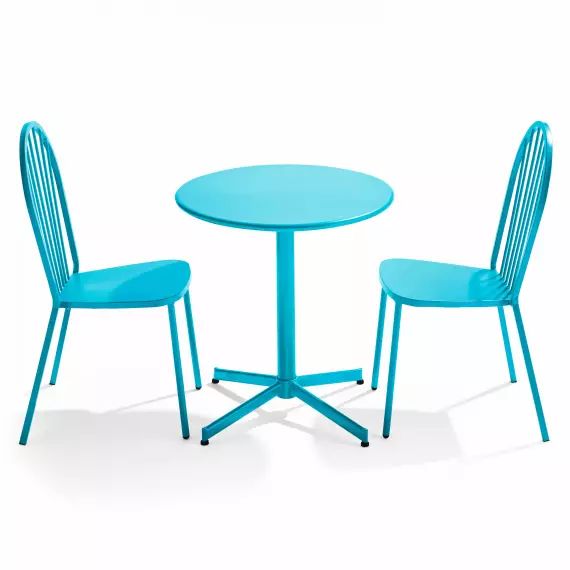 Ensemble table ronde et 2 chaises de jardin bistrot en métal bleu