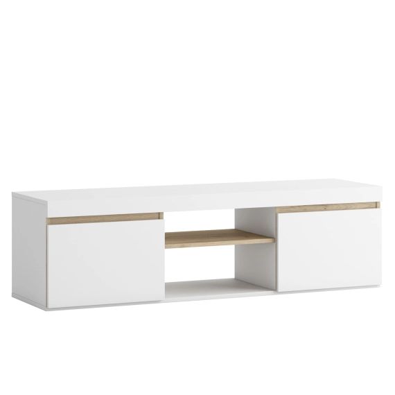 Meuble tv 2 portes et 1 niche couleur blanc/bois, 140 cm longueur