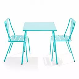 Ensemble table de jardin carrée et 2 chaises bistrot turquoise