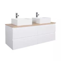 Meuble double vasque 120cm avec plan bois  Blanc + vasque + robinet