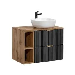 Meuble simple vasque 80cm 2 niches noir et naturel